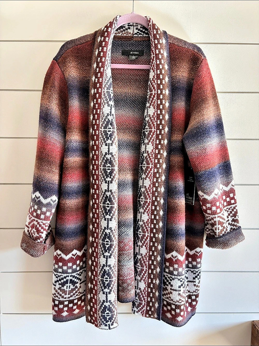 ali miles Geometric Knit Cardigan in Brown & Red Size XL